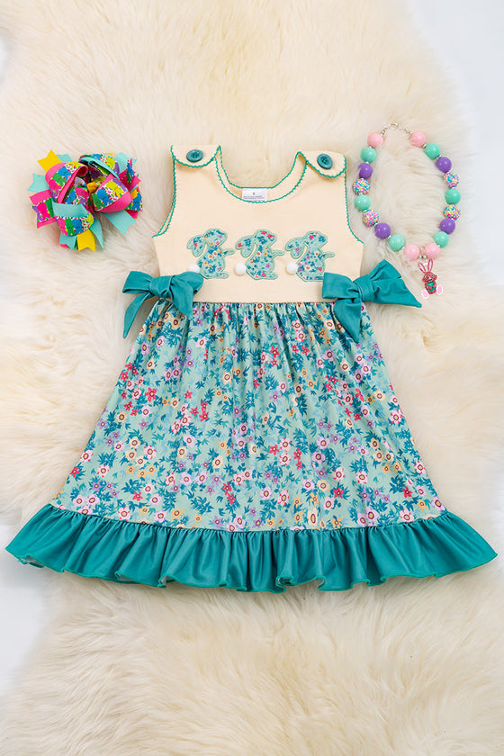 Easter bunny application dress with side bows. DRG20144011 LOI