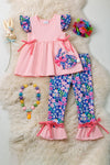 Coral Easter bunny applique tunic & floral bell bottoms.OFG60225 SOL