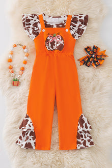  Orange jumpsuit with pumpkin applique and cow printed angel sleeve top. OFG51044 AMY