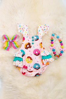  Multi- printed donut on aqua pink baby onesie w/ruffle butt. RPG25134026 loi