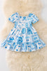 Blue accent/ multi printed patch dress with ruffle hem. DRG43466 J