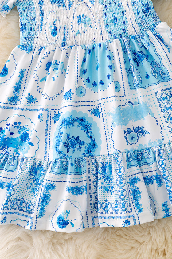 Blue accent/ multi printed patch dress with ruffle hem. DRG43466 N