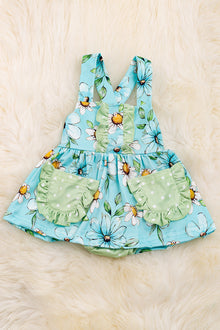  White daisy on blue floral printed baby onesie/dress with snaps. RPG25204007 WENDY