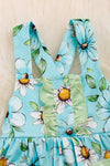 White daisy on blue floral printed baby onesie/dress with snaps. RPG25204007 WENDY