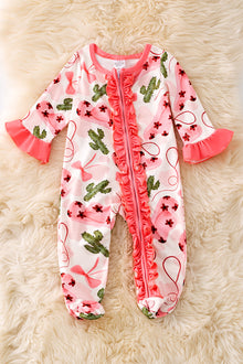  Western cactus printed on baby onesie with zipper and ruffle hem. RPG52266 AMY