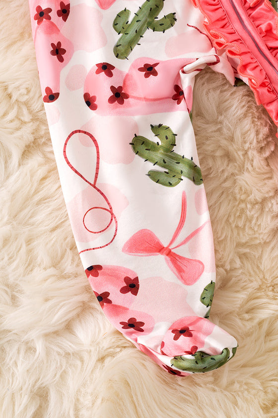 Western cactus printed on baby onesie with zipper and ruffle hem. RPG52266 AMY