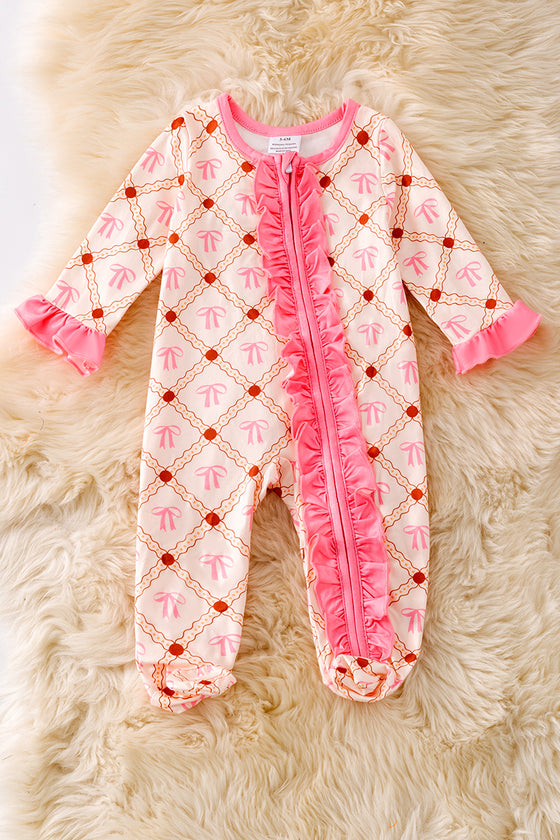 Coquette bow printed girls baby onesie with footie. RPG51323 Jean