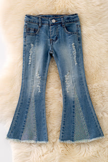  Bootcut denim pants with holographic rhinestones. PNG40777 Nay