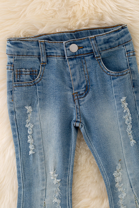 Bootcut denim pants with holographic rhinestones. PNG40777 Nay