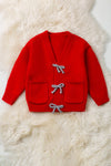 Red knit cardigan with front pockets. TPG60056 AMY