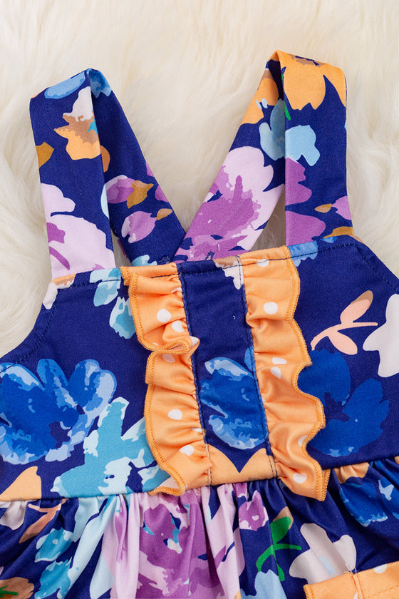 Royal blue floral printed baby onesie/dress with snaps. RPG25204008 LOI