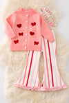 Coral knit cardigan with stripe pants. OFG50023 JEAN