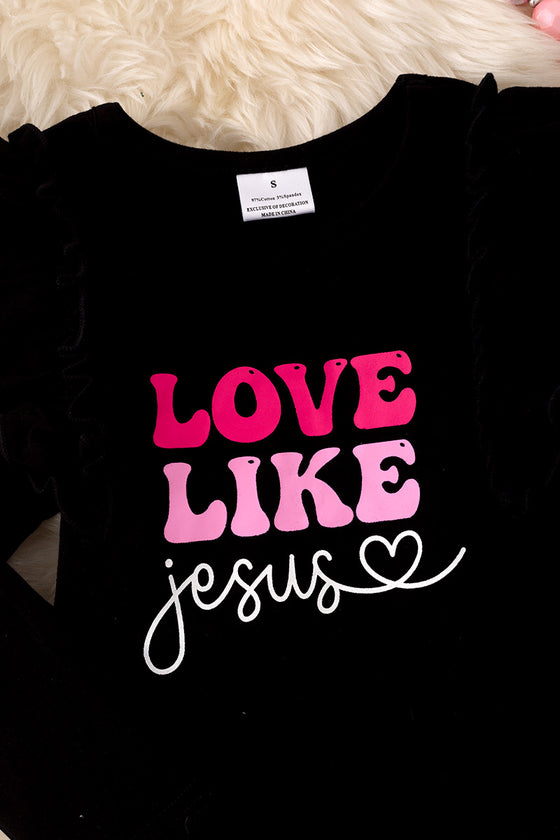 Love Like Jesus" Black long sleeve top & fuchsia bell bottoms. OFG50051 AMY