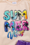 Summer Vibes cream embroidered sleeve & tie dye denim shorts. OFG25134012 SOL