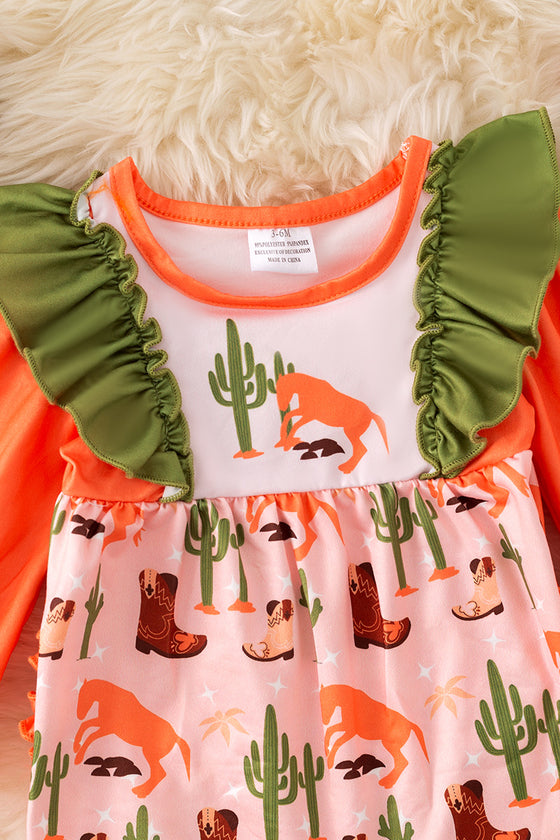 Western boot printed girls onesie with ruffle butt. RPG20003 SOL