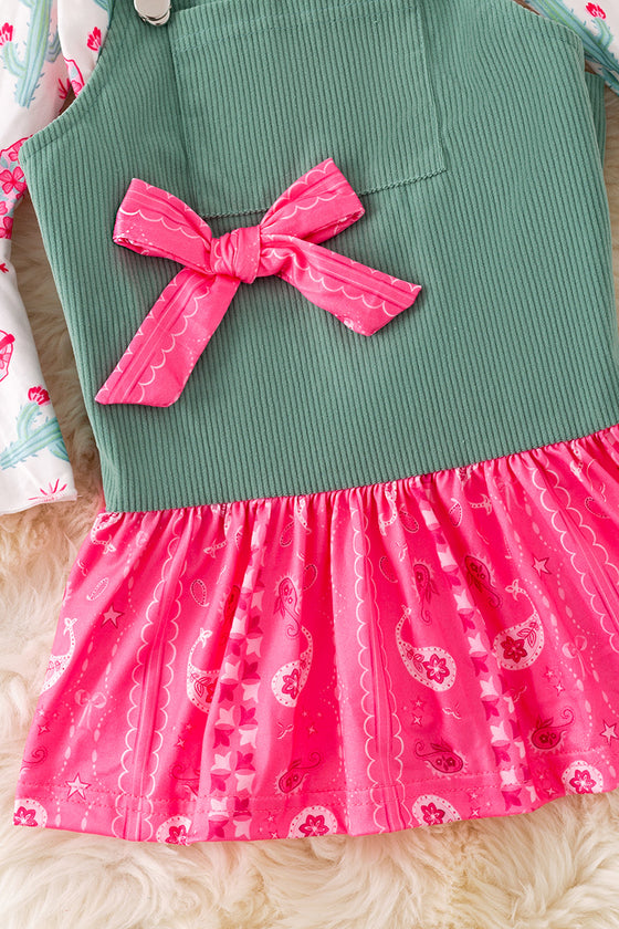 Ever Green corduroy suspender dress with Paisley hem and long sleeve shirt. (Western) OFG51246 Jean