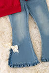 Red long sleeve sweatshirt with denim pants.  OFG50980 SOL