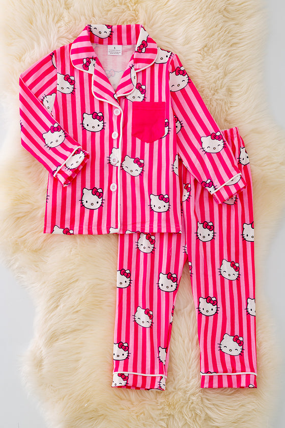 PJG40102 JEAN: Fuchsia stripe and kitty printed pajamas.