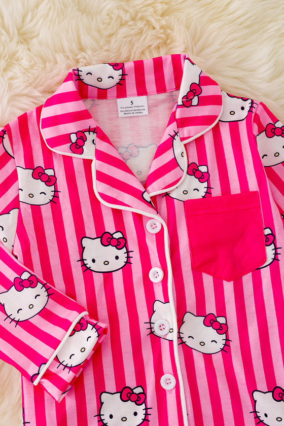 PJG40102 JEAN: Fuchsia stripe and kitty printed pajamas.