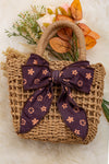 Straw girls mini tote bag with brown star printed large bow. BBG40022 M