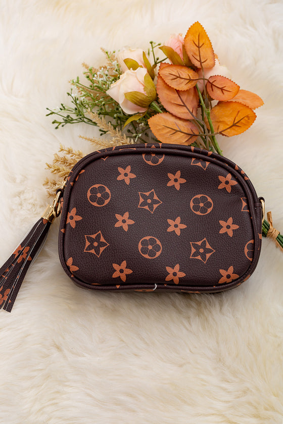 Chocolate brown star printed mini purse with wide strap. BBG40037 M