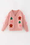 Pink knit cardigan with Christmas applique. TPG60527 SOL