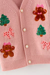 Pink knit cardigan with Christmas applique. TPG60527 SOL
