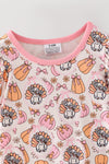 Turkey & pumpkin printed romper w/ pink ruffle hem. RPG65247 SOL