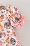 Turkey & pumpkin printed romper w/ pink ruffle hem. RPG65247 SOL
