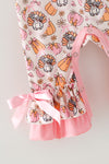 Turkey & pumpkin printed romper w/ pink ruffle hem. RPG65247 SOL