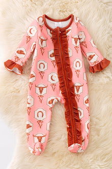  Bull skull printed on pink baby onesie with ruffle hem. RPG51322 JEAN