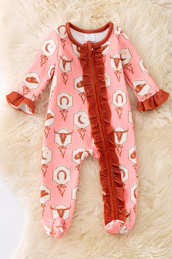 Bull skull printed on pink baby onesie with ruffle hem. RPG51322 JEAN