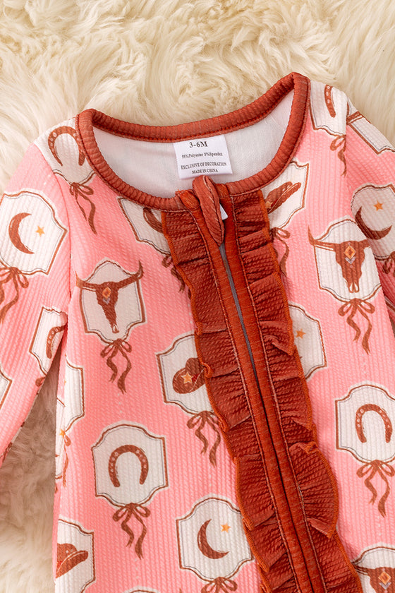 Bull skull printed on pink baby onesie with ruffle hem. RPG51322 JEAN