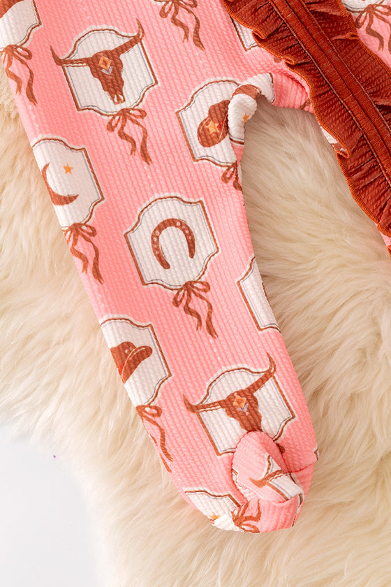 Bull skull printed on pink baby onesie with ruffle hem. RPG51322 JEAN