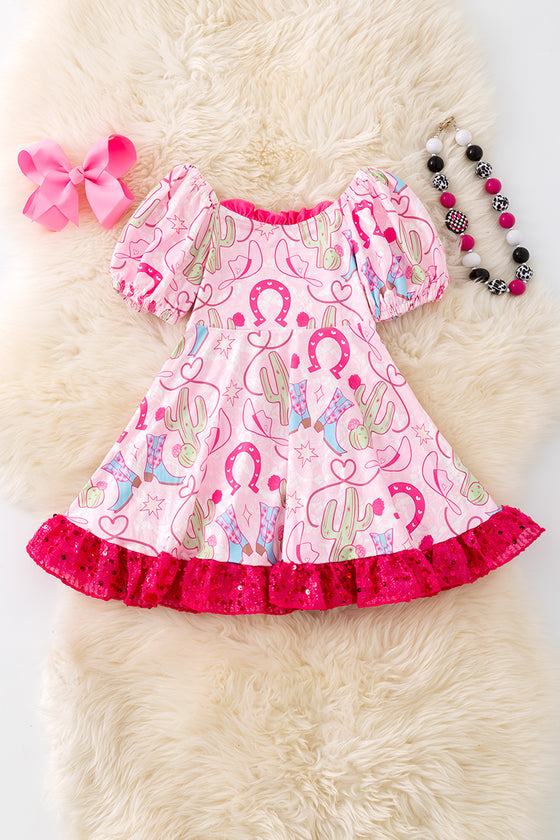 Shoe horse printed on pink dress with bubble sleeve and sequins ruffle hem. (Western) DRG53964 JEAN