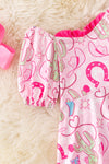 Shoe horse printed on pink dress with bubble sleeve and sequins ruffle hem. (Western) DRG53964 JEAN