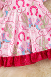 Shoe horse printed on pink dress with bubble sleeve and sequins ruffle hem. (Western) DRG53964 JEAN