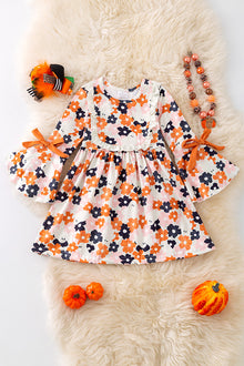  Halloween floral printed dress with bell sleeves. DRG53650 AMY