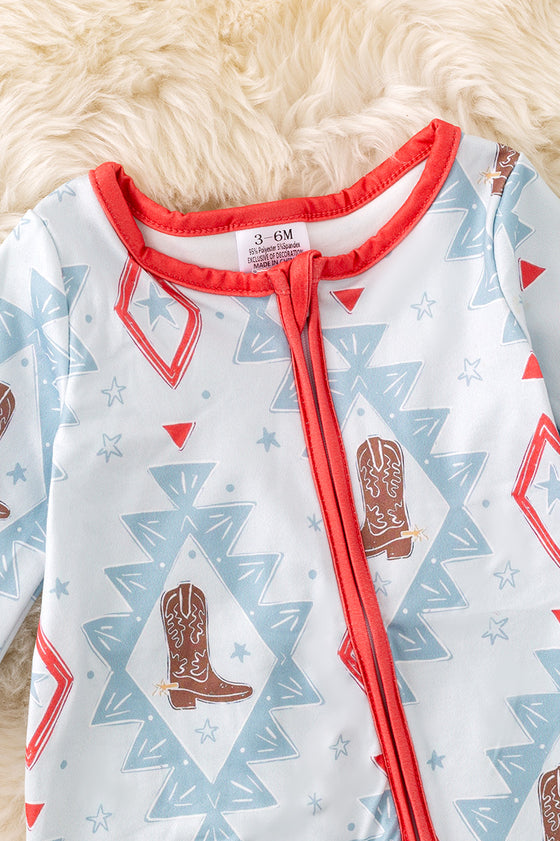 Aztec & cowboy boot printed baby onesie. RPB50758 jean