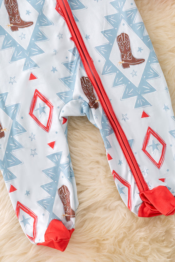 Aztec & cowboy boot printed baby onesie. RPB50758 jean