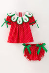 Cute embroidered candy cane baby set w/ printed polka dot on red. RPG65137 SOL