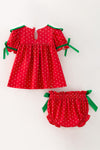 Cute embroidered candy cane baby set w/ printed polka dot on red. RPG65137 SOL