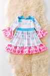 Cowgirl boot printed girls dress with cow printed ruffle hem. DRG53440 JEAN
