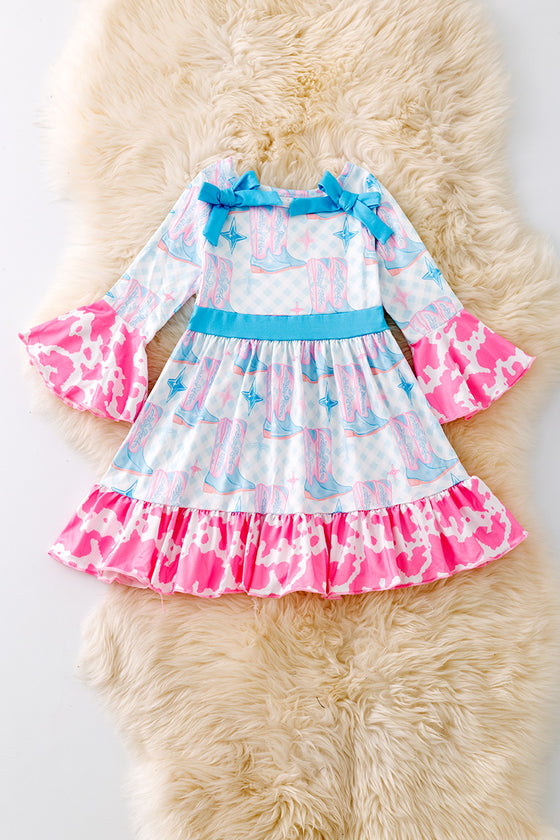 Cowgirl boot printed girls dress with cow printed ruffle hem. DRG53440 JEAN