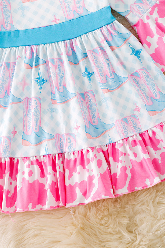 Cowgirl boot printed girls dress with cow printed ruffle hem. DRG53440 JEAN