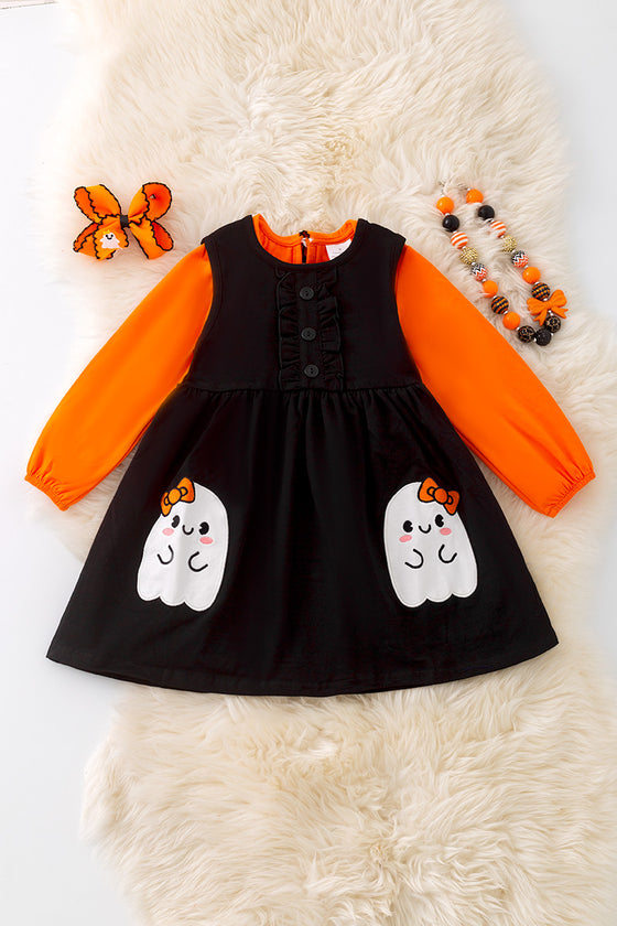 Black ghost applique dress with orange undershirt. OFG51174 AMY