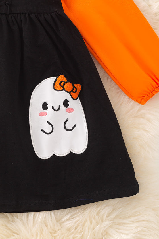 Black ghost applique dress with orange undershirt. OFG51174 AMY