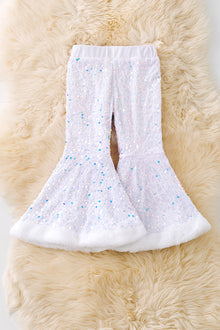  White sequins bell bottoms with fur trim. PNG50265 AMY