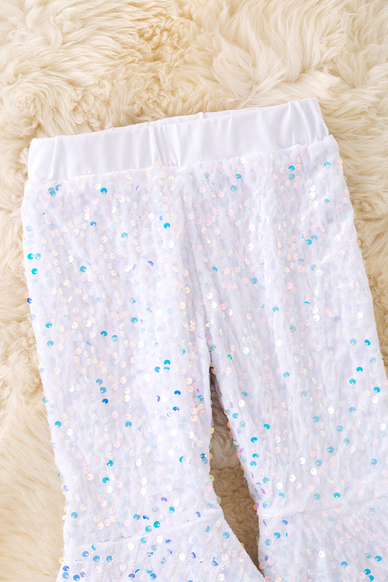 White sequins bell bottoms with fur trim. PNG50265 AMY