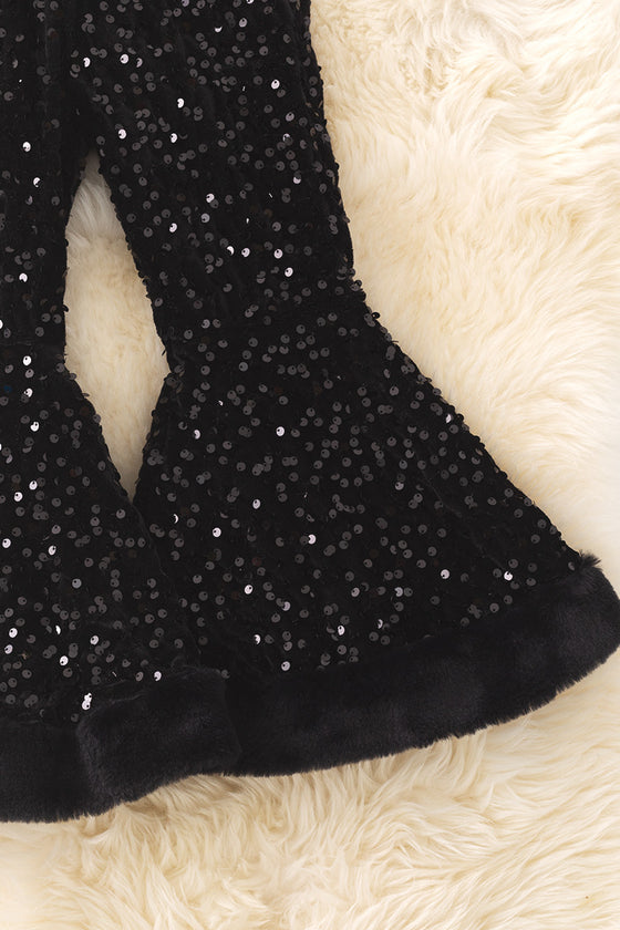 Black sequins bell bottoms with fur trim. PNG50266 SOL